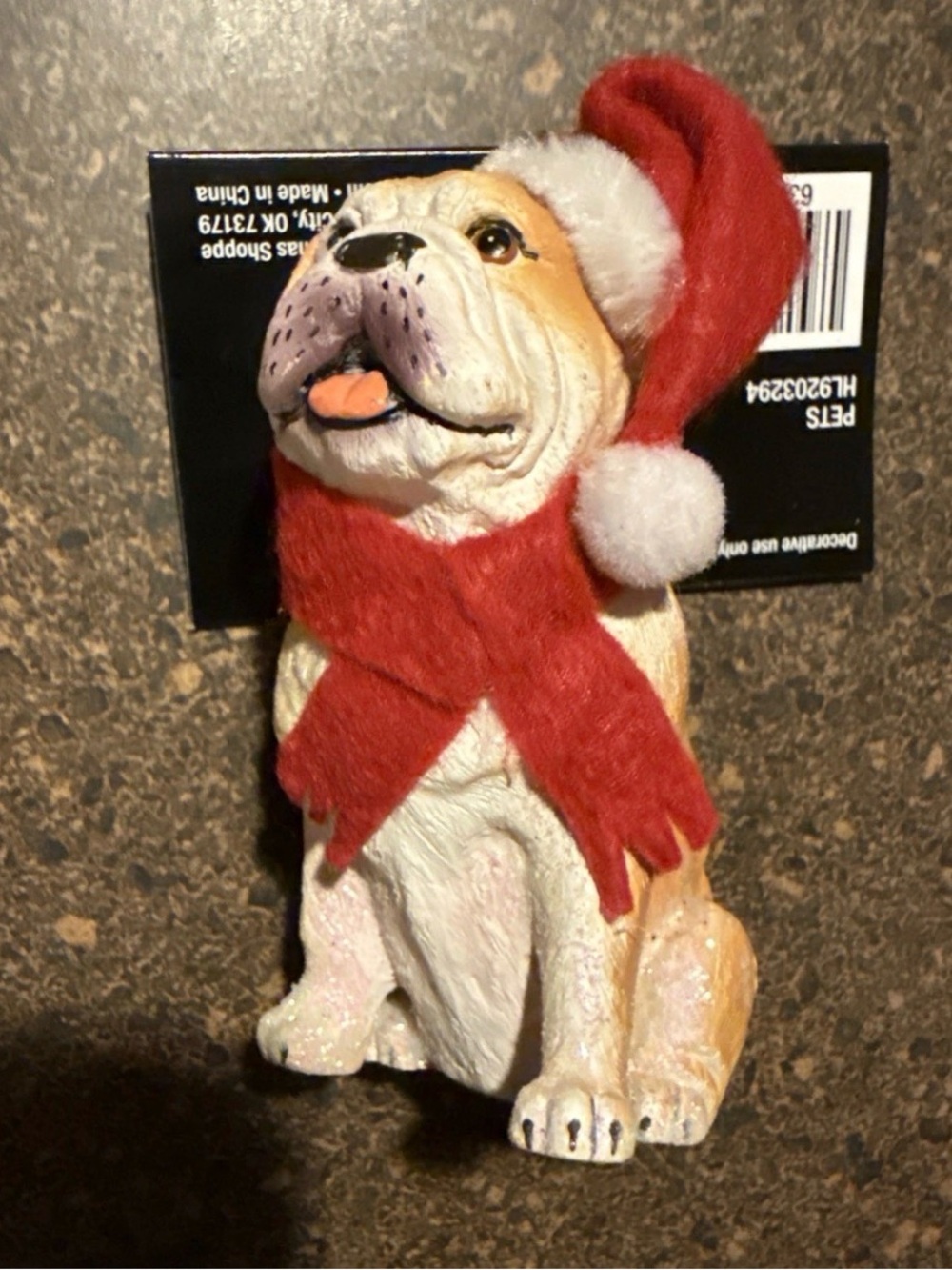 Bulldog Wearing Santa Hat & Scarf Christmas Tree Ornament English BullDog